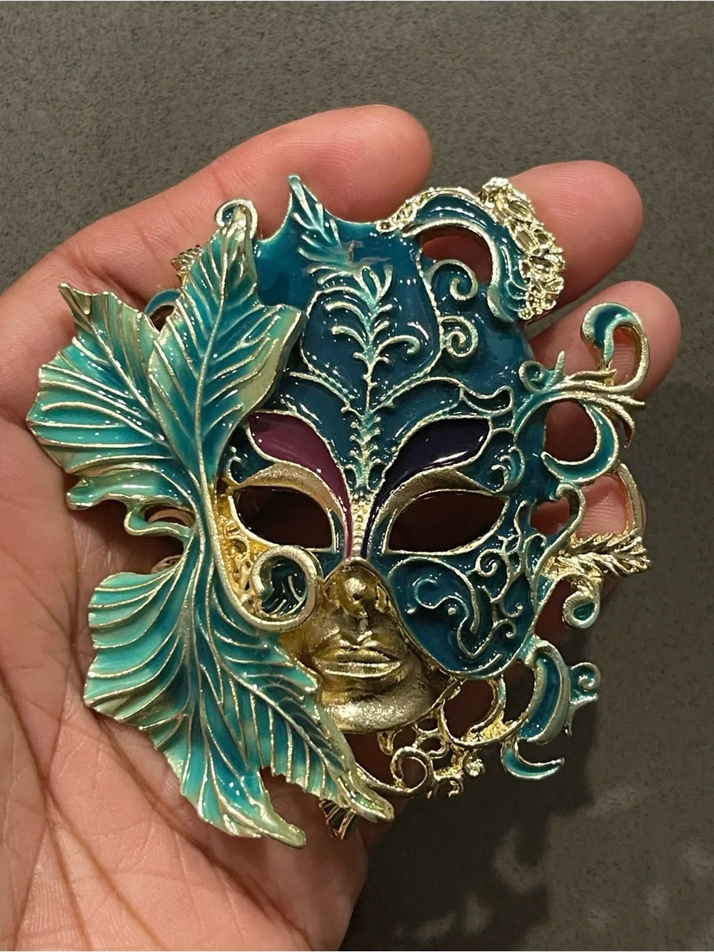 Venetian Mask Brooch Teal Enamel Gold Tone Statement Pin Pendant